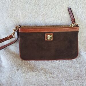 Dooney & Bourke Brown Suede Wristlet Clutch with Tan Trim